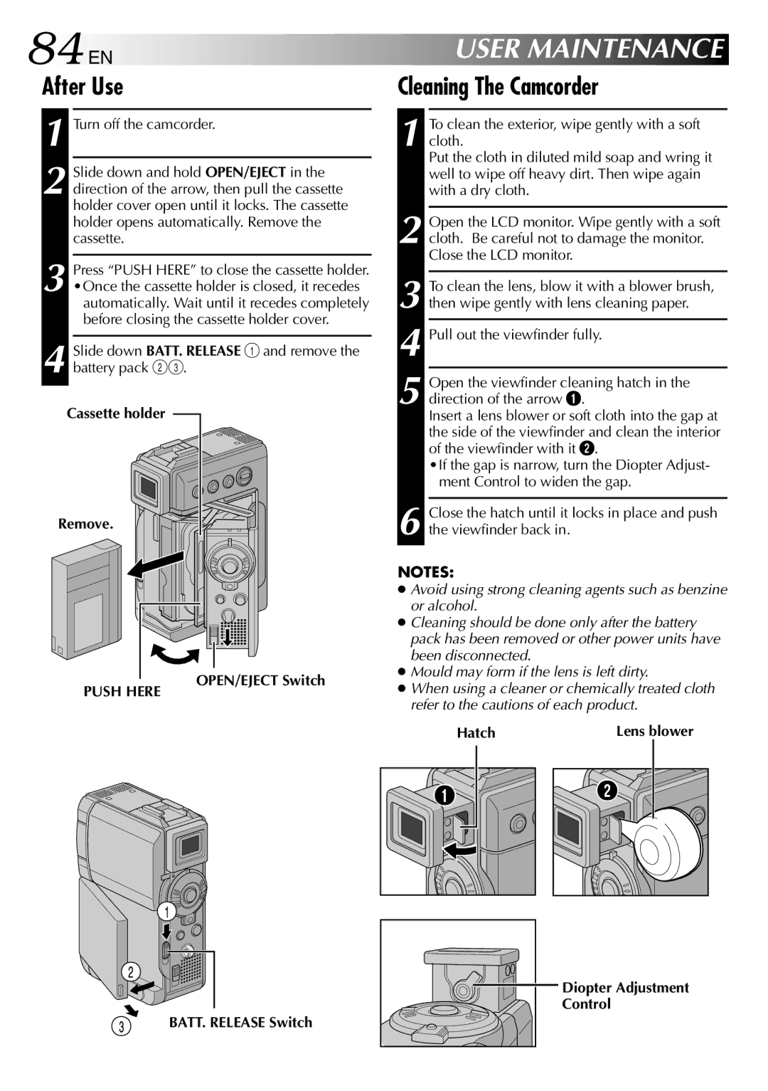 JVC GR-DVP3 specifications 84 EN, After Use, Cleaning The Camcorder, Push Here 