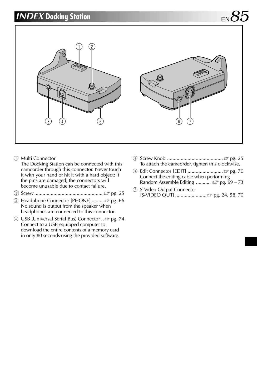 JVC GR-DVP3 Multi Connector, Screw  pg, Connect the editing cable when performing, Video Output Connector,  pg , 58 