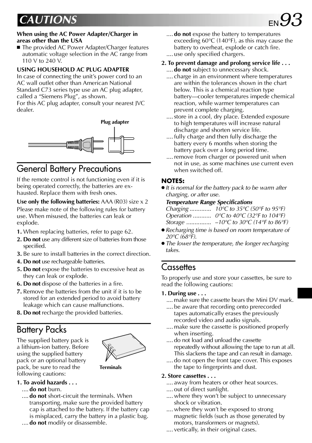 JVC GR-DVP3 specifications EN93, Using Household AC Plug Adapter, Temperature Range Specifications 