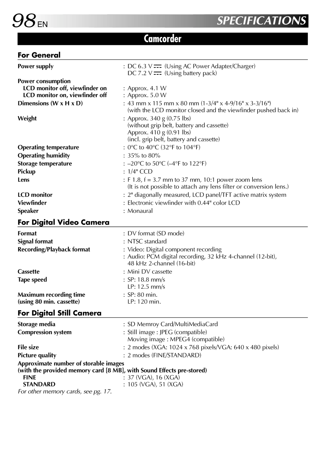 JVC GR-DVP3 98 EN, For General, For Digital Video Camera, For Digital Still Camera, For other memory cards, see pg 