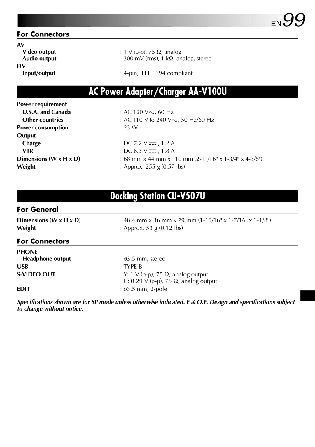 JVC GR-DVP3 specifications EN99, For Connectors 