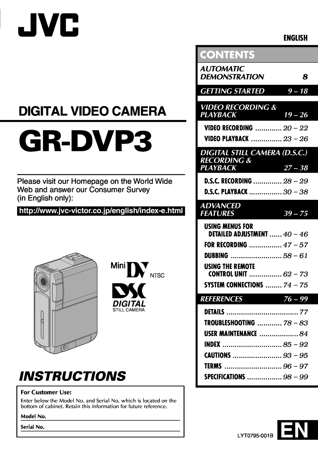 JVC GR-DVP3 specifications Contents, in English only, Automatic, Demonstration, Getting Started, Video Recording, Playback 