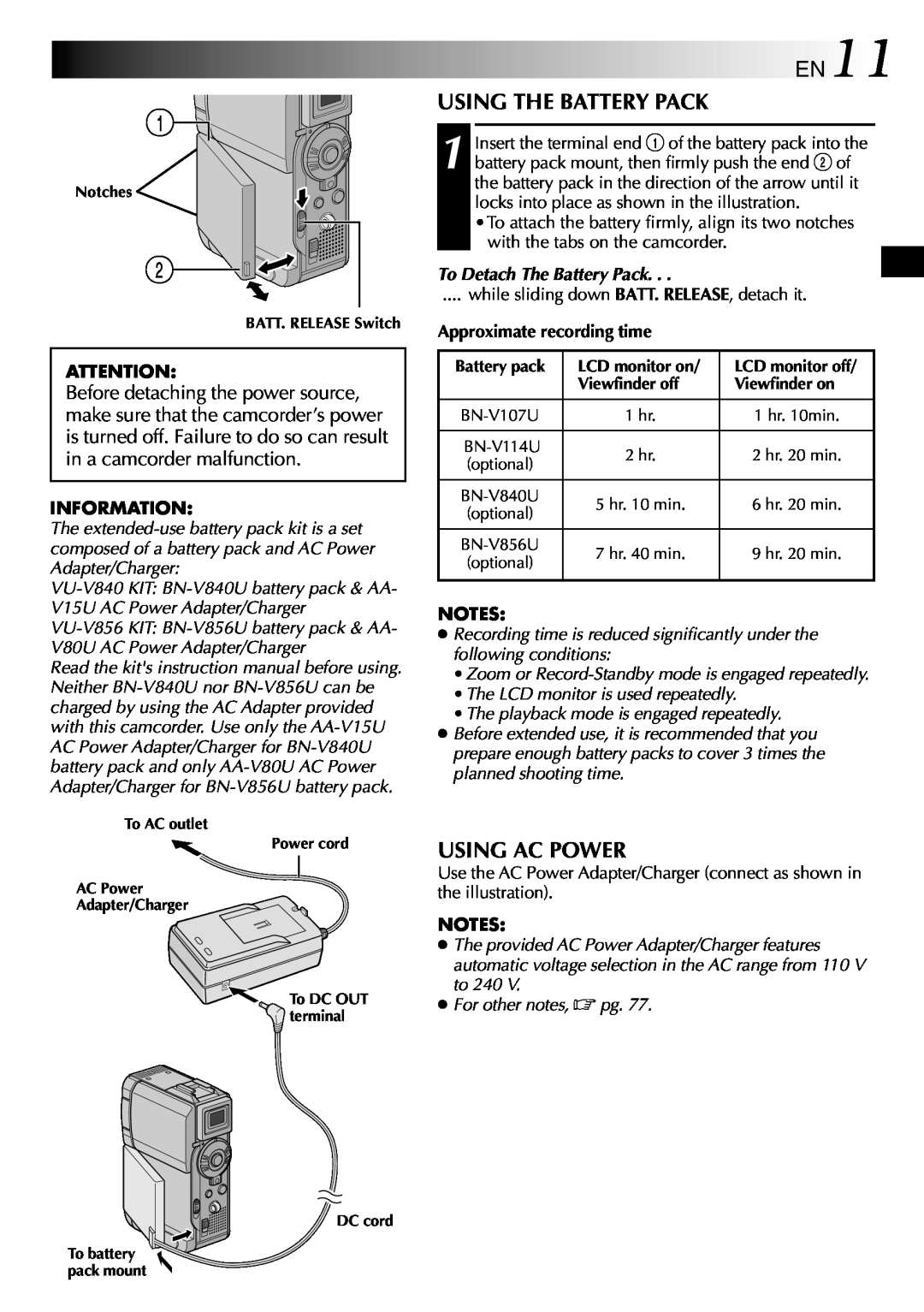 JVC GR-DVP3 specifications EN11, Using The Battery Pack, Using Ac Power 