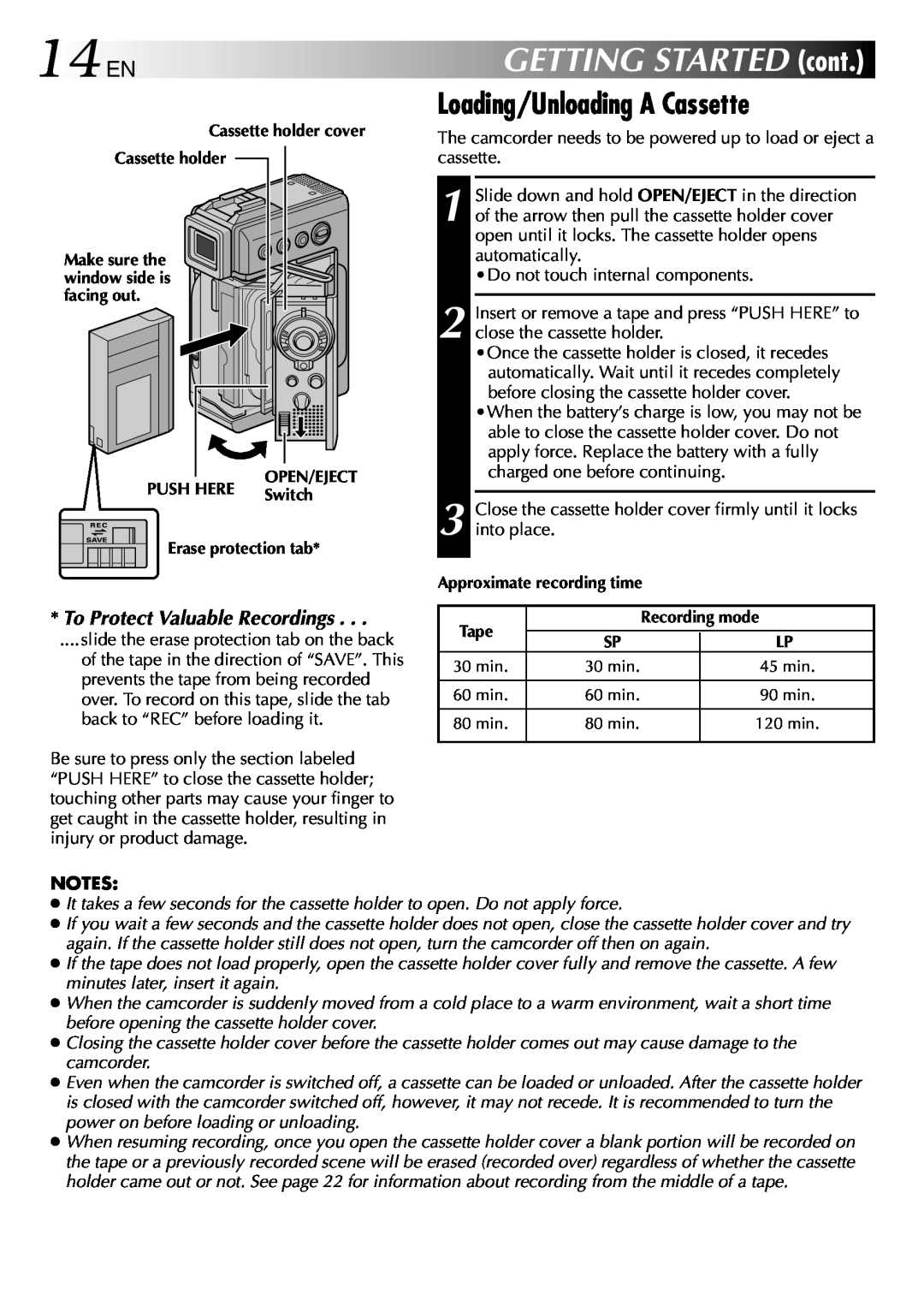 JVC GR-DVP3 specifications 14 EN, GETTING STARTED cont, Loading/Unloading A Cassette, To Protect Valuable Recordings 