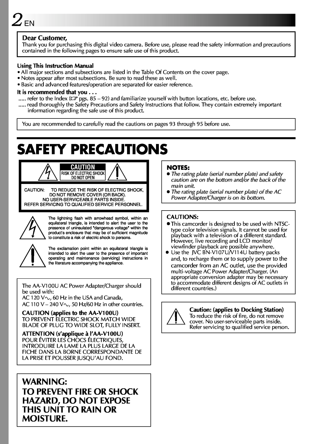 JVC GR-DVP3 specifications 2 EN, Dear Customer, Safety Precautions 