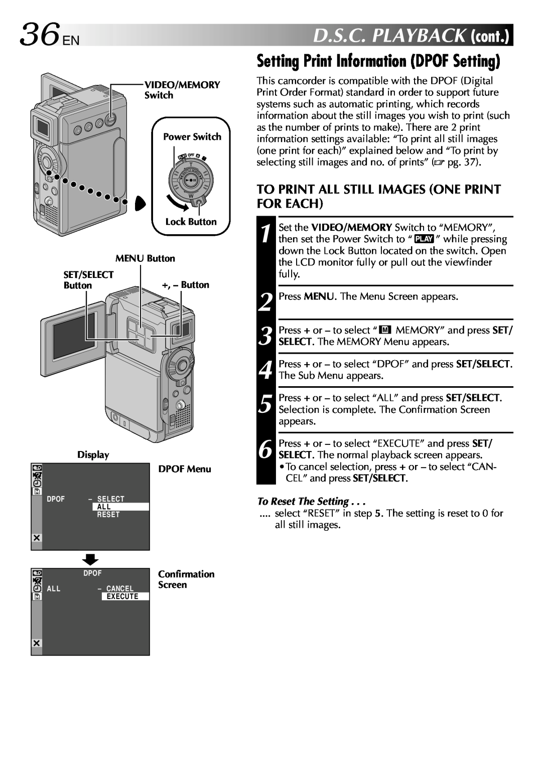 JVC GR-DVP3 specifications 36 EN, Setting Print Information DPOF Setting, To Print All Still Images One Print For Each 
