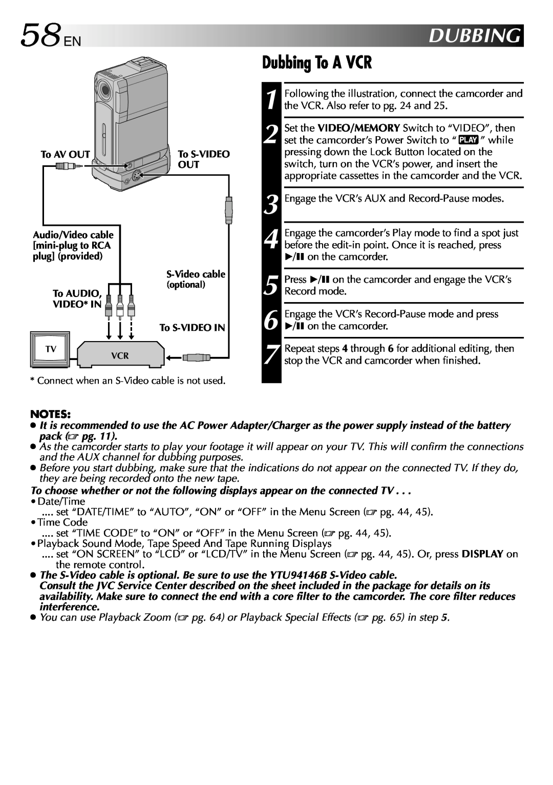 JVC GR-DVP3 specifications 58 EN, Dubbing To A VCR 