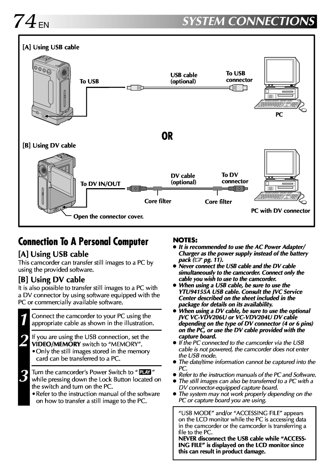 JVC GR-DVP3 74 EN, System Connections, Connection To A Personal Computer, A Using USB cable, B Using DV cable 