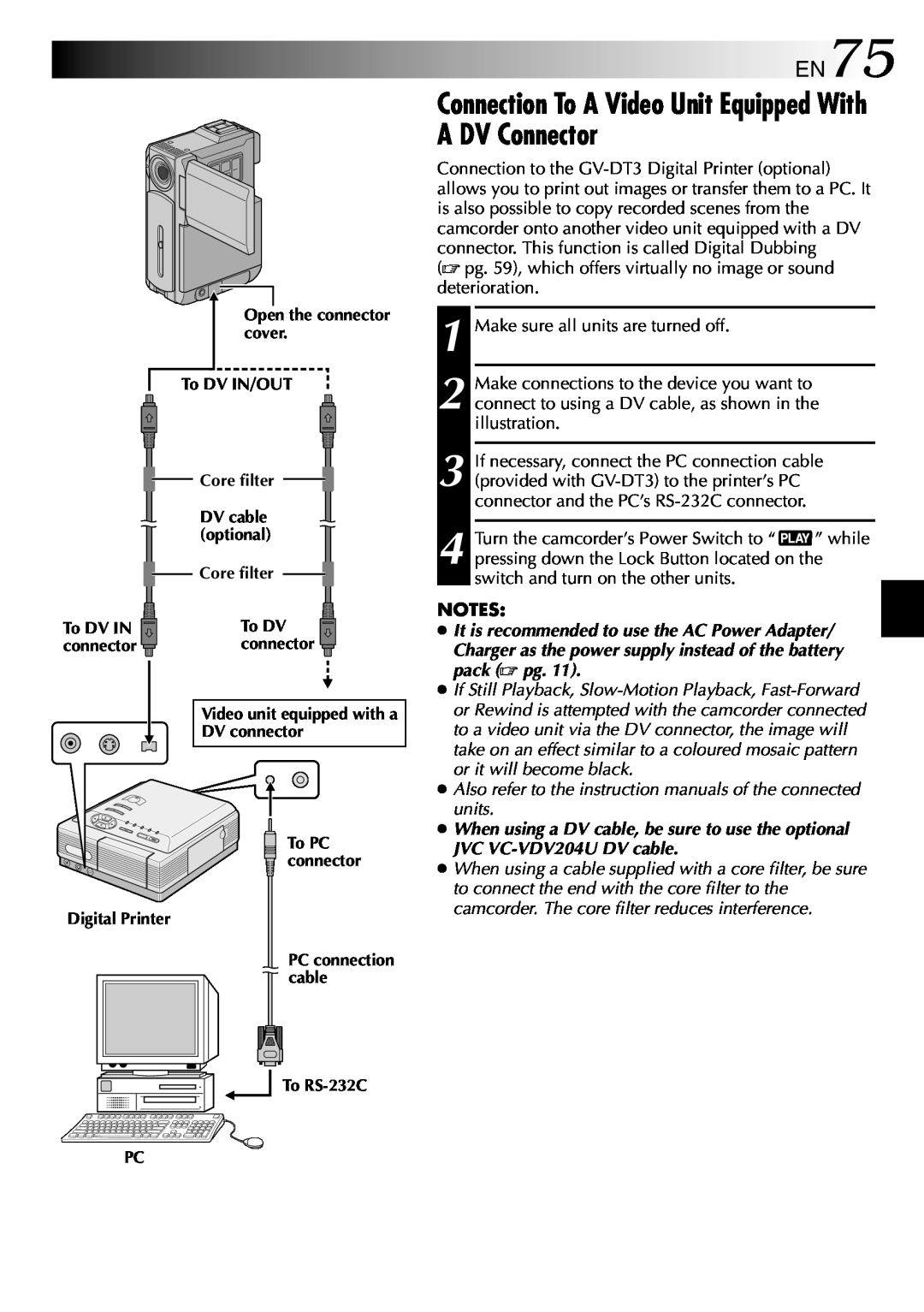 JVC GR-DVP3 specifications Connection To A Video Unit Equipped With A DV Connector, EN75 