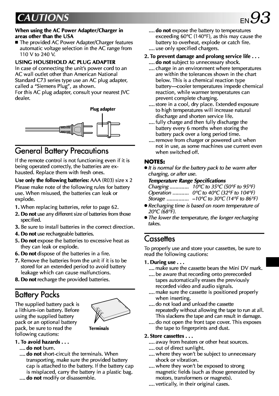 JVC GR-DVP3 specifications Cautions, General Battery Precautions, Battery Packs, Cassettes, EN93 