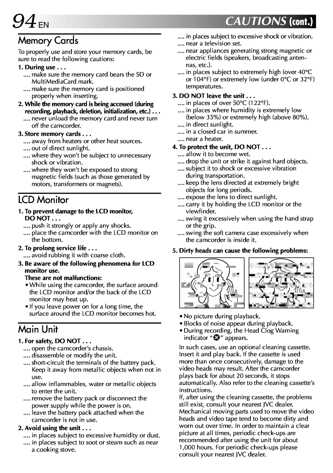 JVC GR-DVP3 specifications 94 EN, CAUTIONS cont, Memory Cards, LCD Monitor, Main Unit 