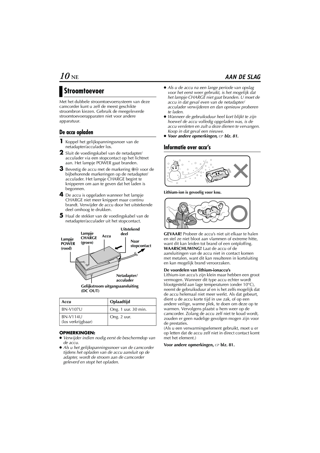 JVC GR-DVP5, GR-DVP7 manual 10 NE, Stroomtoevoer, De accu opladen, Informatie over accu’s 