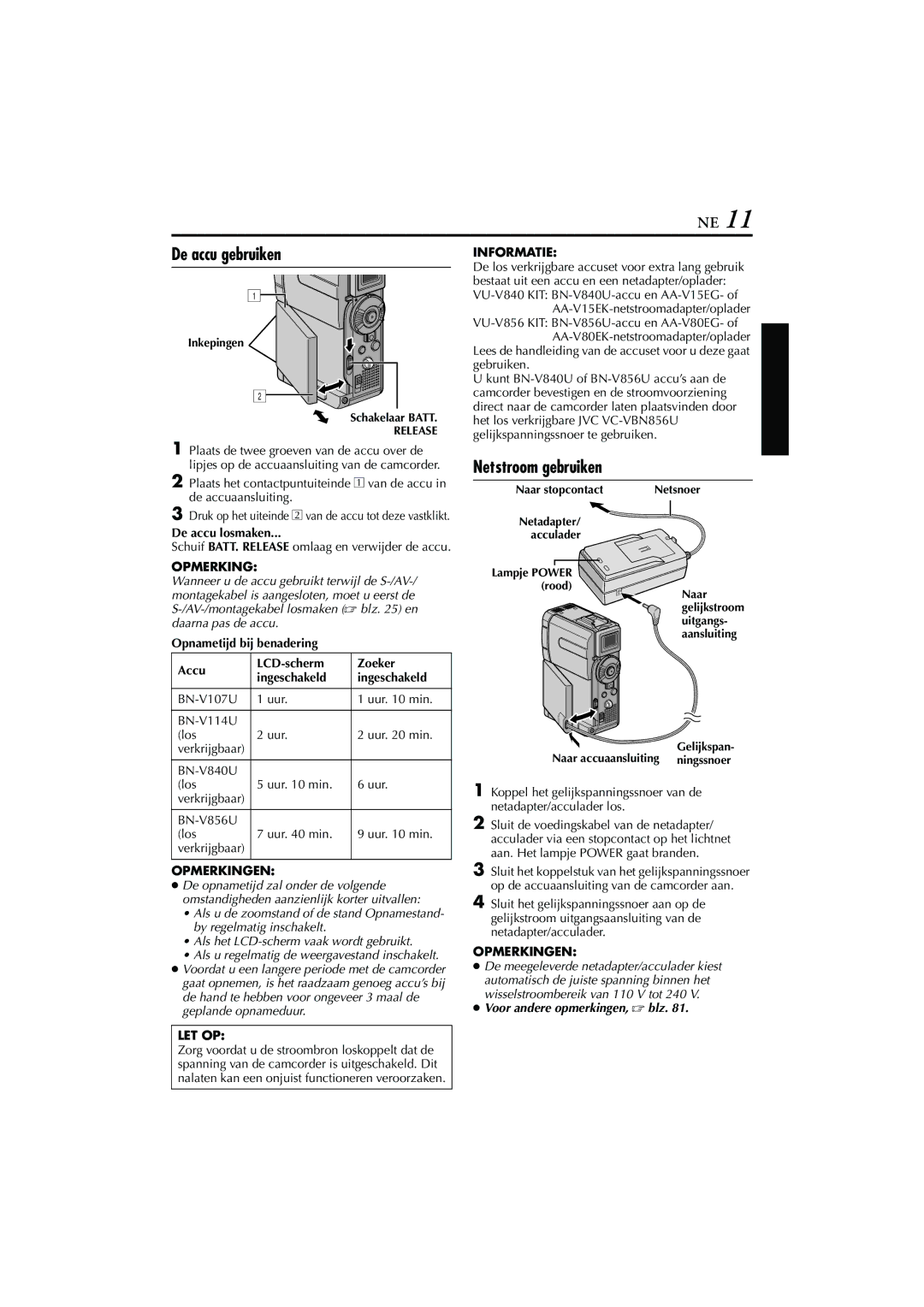 JVC GR-DVP7, GR-DVP5 manual De accu gebruiken, Netstroom gebruiken, De accu losmaken, Informatie 