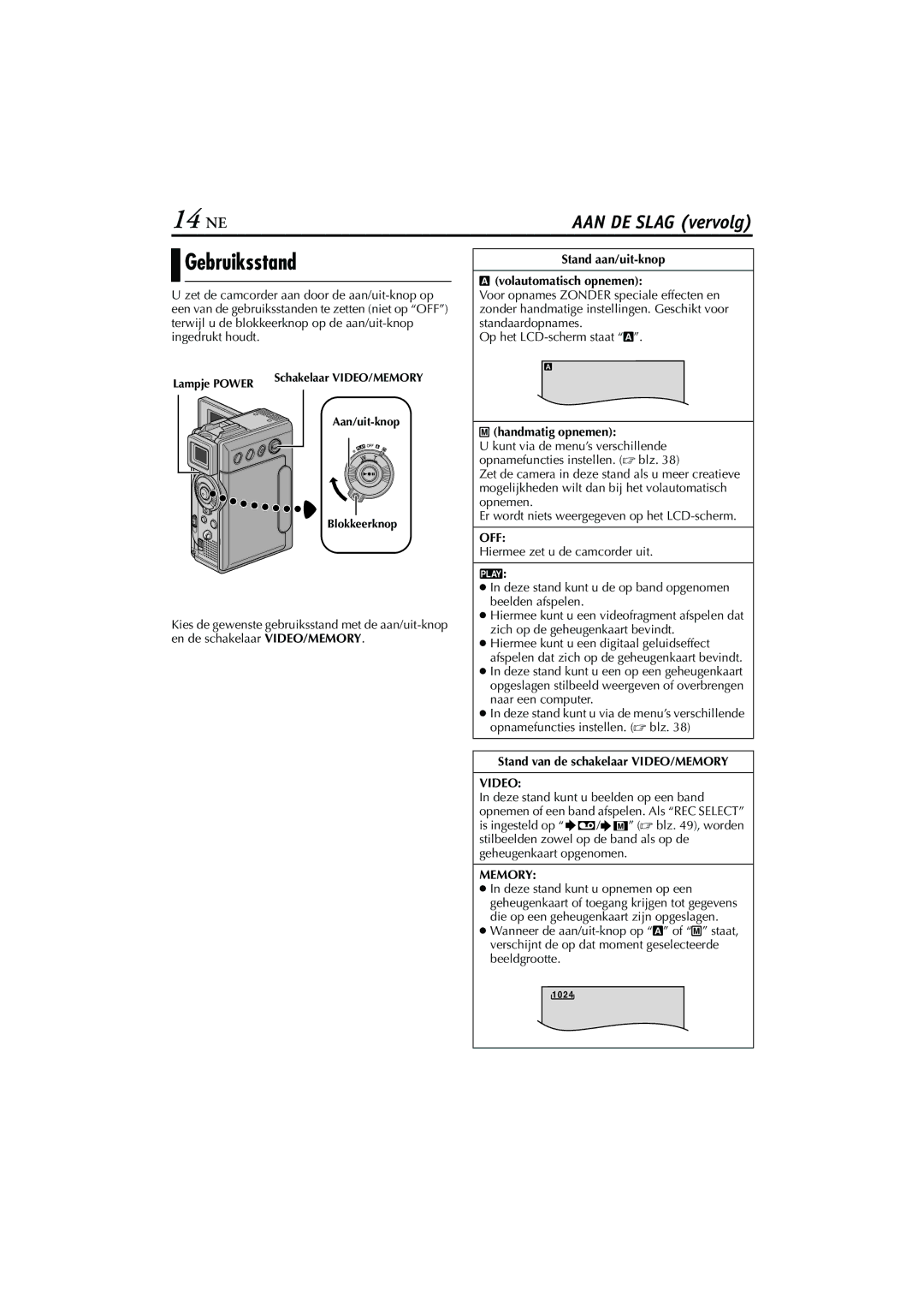 JVC GR-DVP5, GR-DVP7 manual 14 NE, Gebruiksstand, Off, Video, Memory 