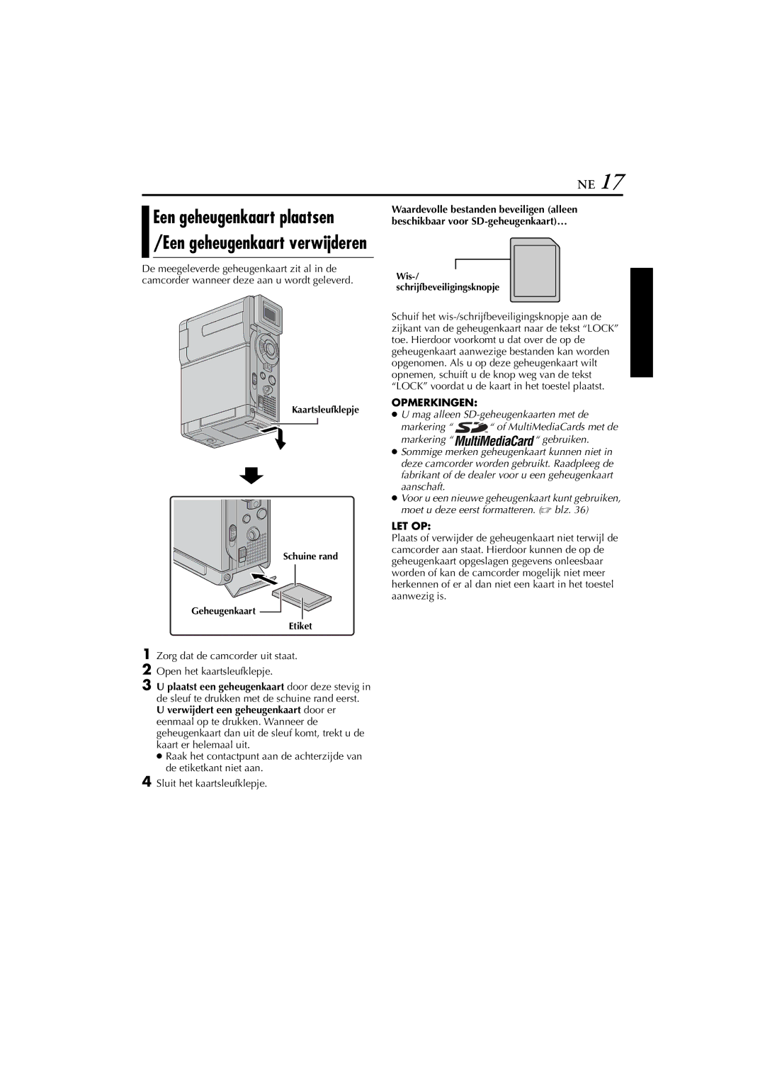 JVC GR-DVP7, GR-DVP5 manual Een geheugenkaart plaatsen /Een geheugenkaart verwijderen 