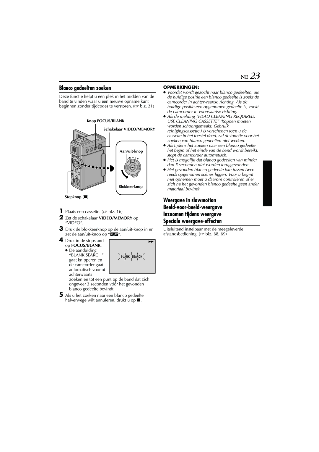 JVC GR-DVP7, GR-DVP5 manual Blanco gedeelten zoeken, Op FOCUS/BLANK 