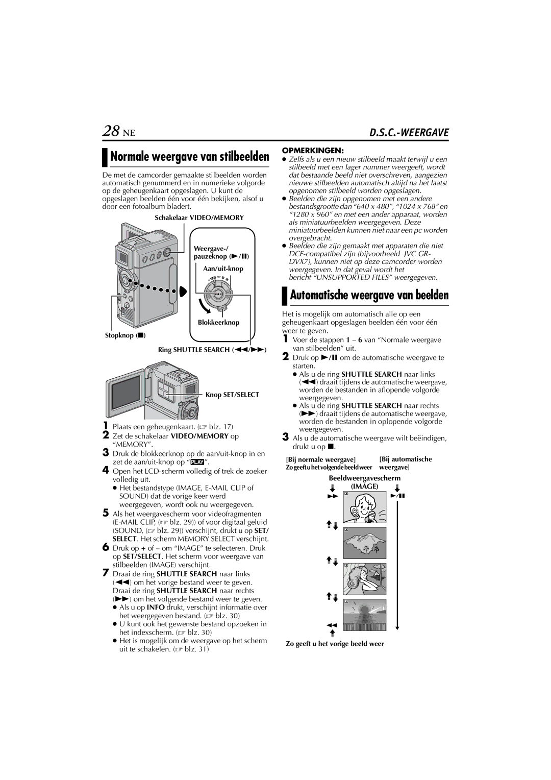 JVC GR-DVP5, GR-DVP7 manual 28 NE, Normale weergave van stilbeelden, Automatische weergave van beelden 