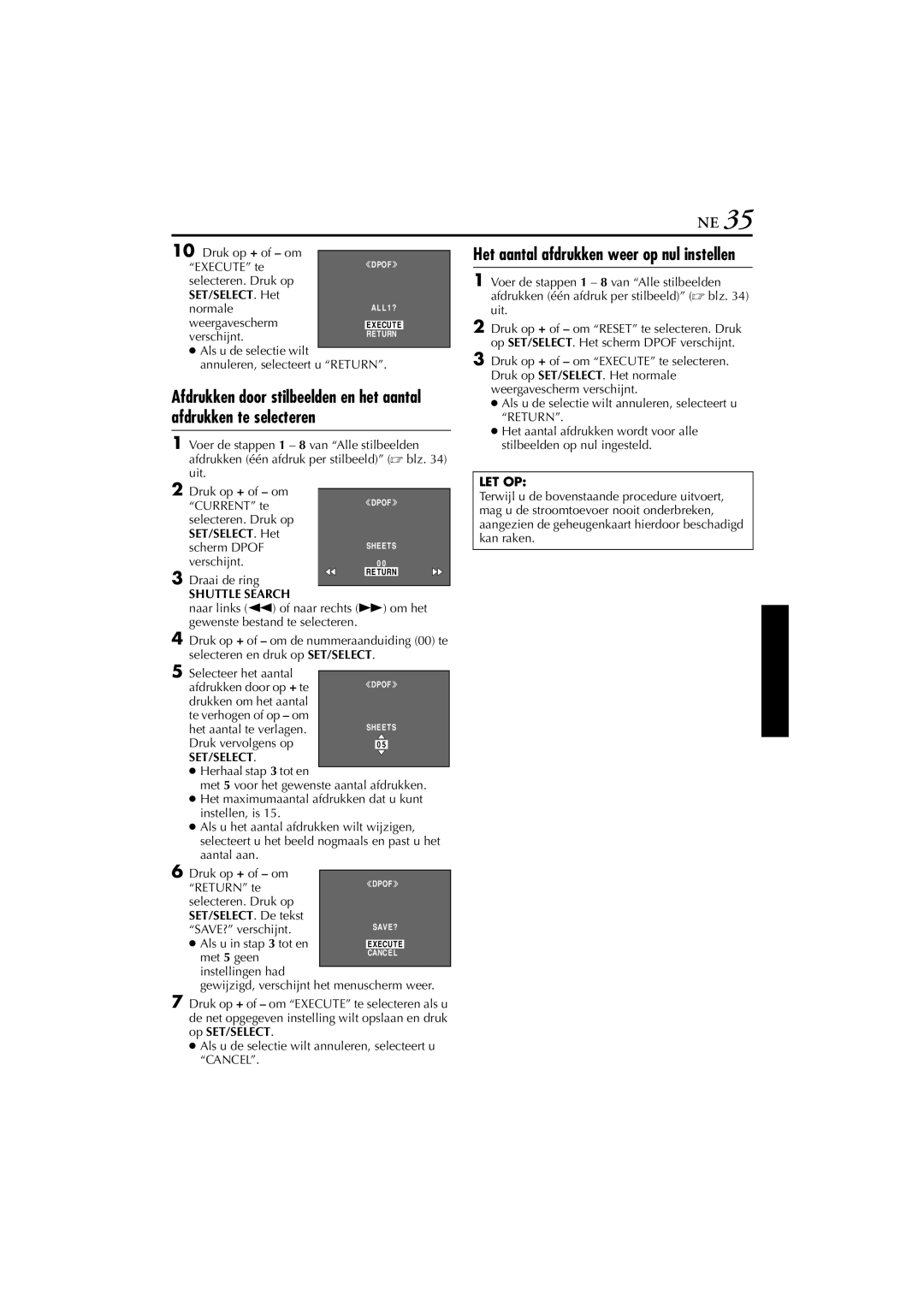 JVC GR-DVP7, GR-DVP5 manual Het aantal afdrukken weer op nul instellen, Druk op + of om Execute te, Normale, Weergavescherm 