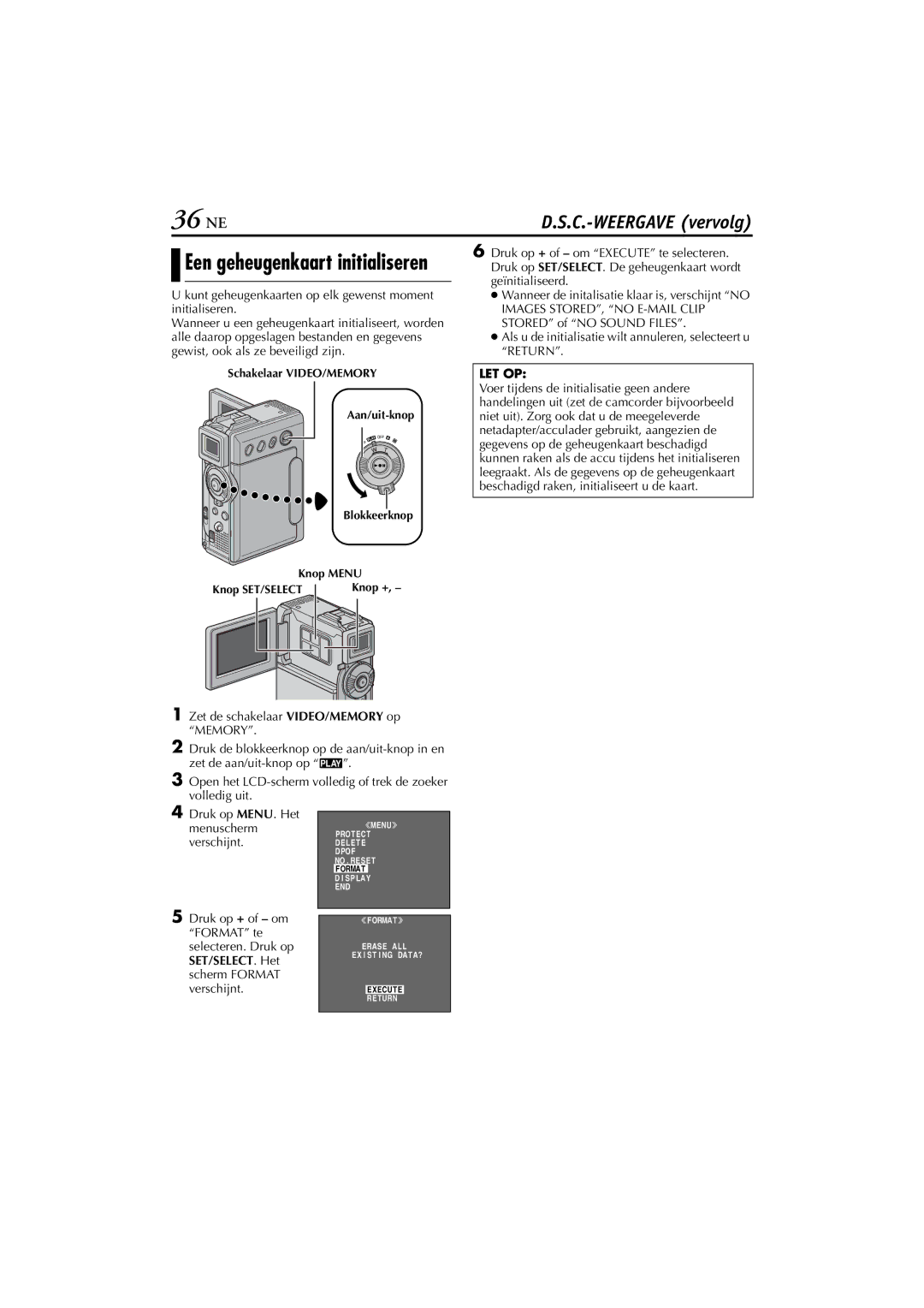 JVC GR-DVP5, GR-DVP7 manual 36 NE, Een geheugenkaart initialiseren 