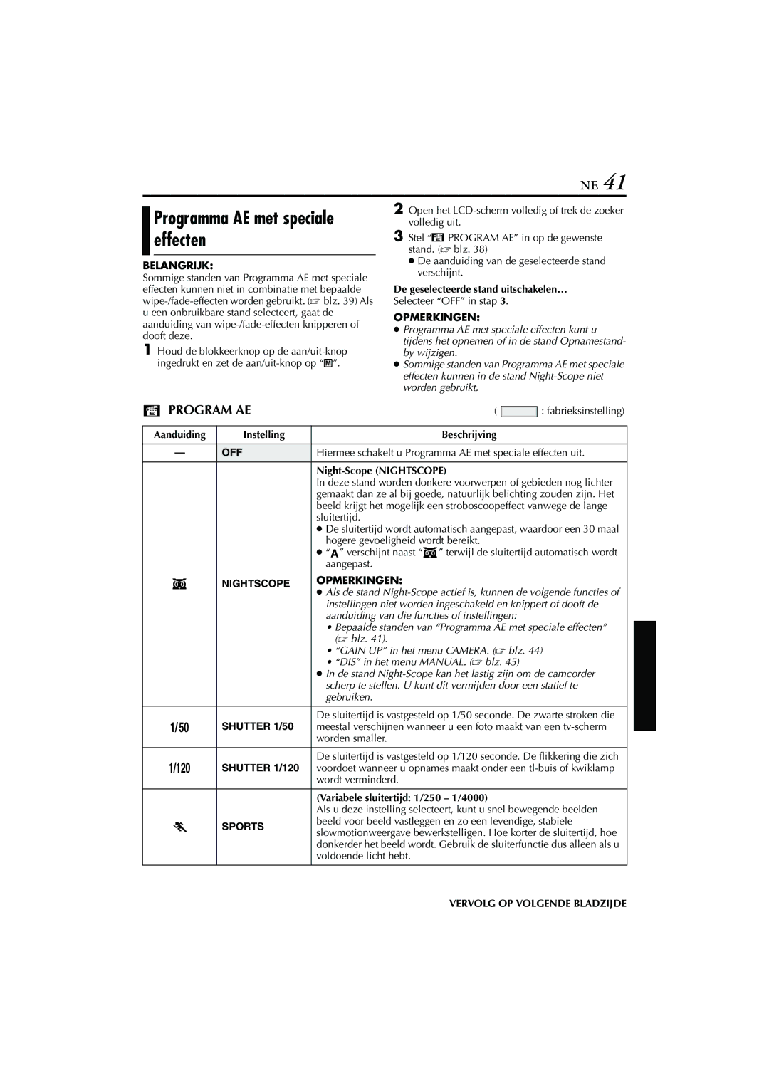 JVC GR-DVP7, GR-DVP5 manual Programma AE met speciale effecten, Nightscope Opmerkingen, Shutter 1/50, Shutter 1/120, Sports 