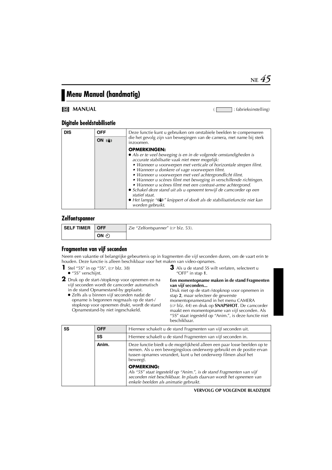 JVC GR-DVP7, GR-DVP5 manual Menu Manual handmatig, Digitale beeldstabilisatie, Zelfontspanner, Fragmenten van vijf seconden 