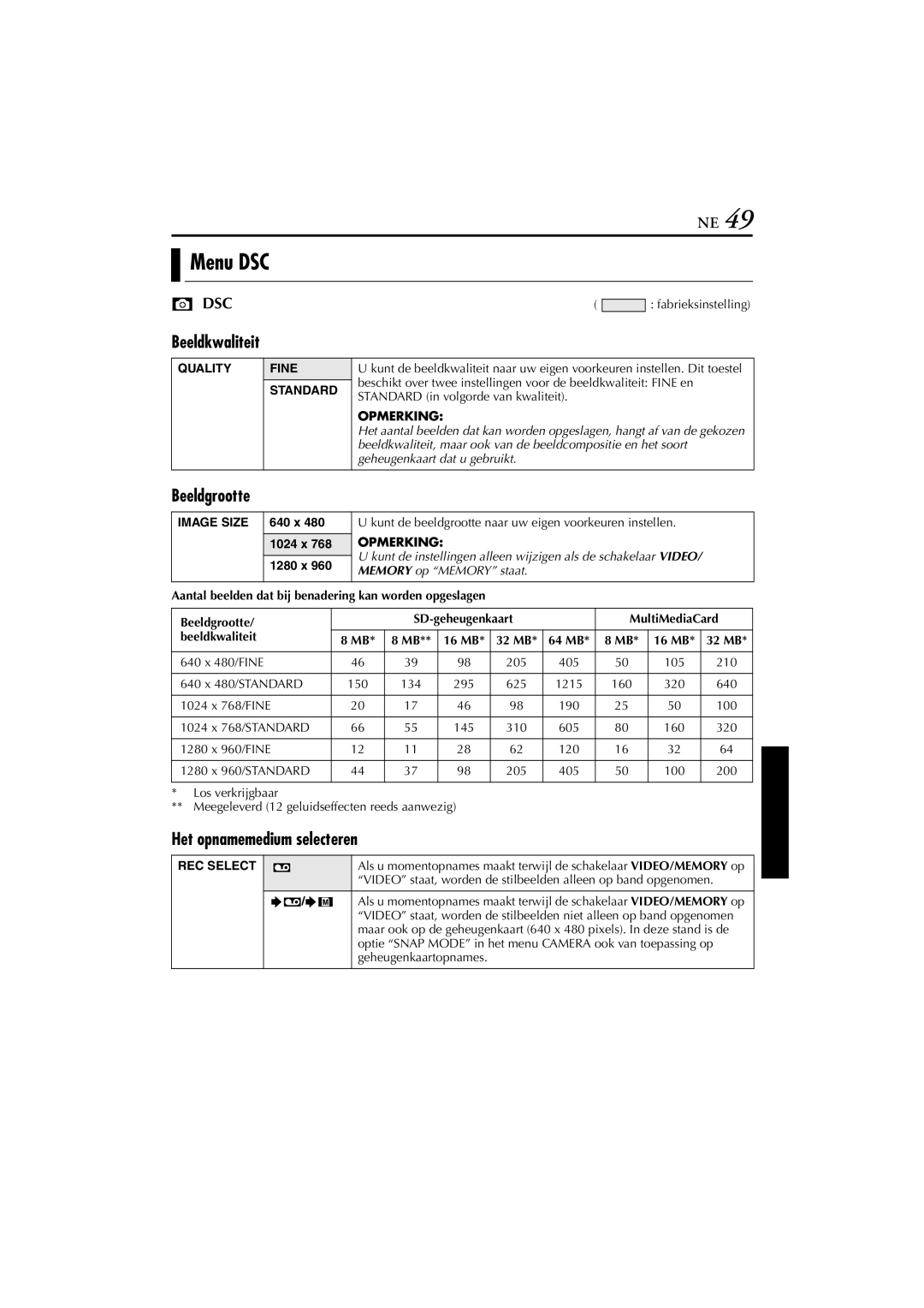 JVC GR-DVP7, GR-DVP5 manual Menu DSC, Beeldkwaliteit, Beeldgrootte, Het opnamemedium selecteren 