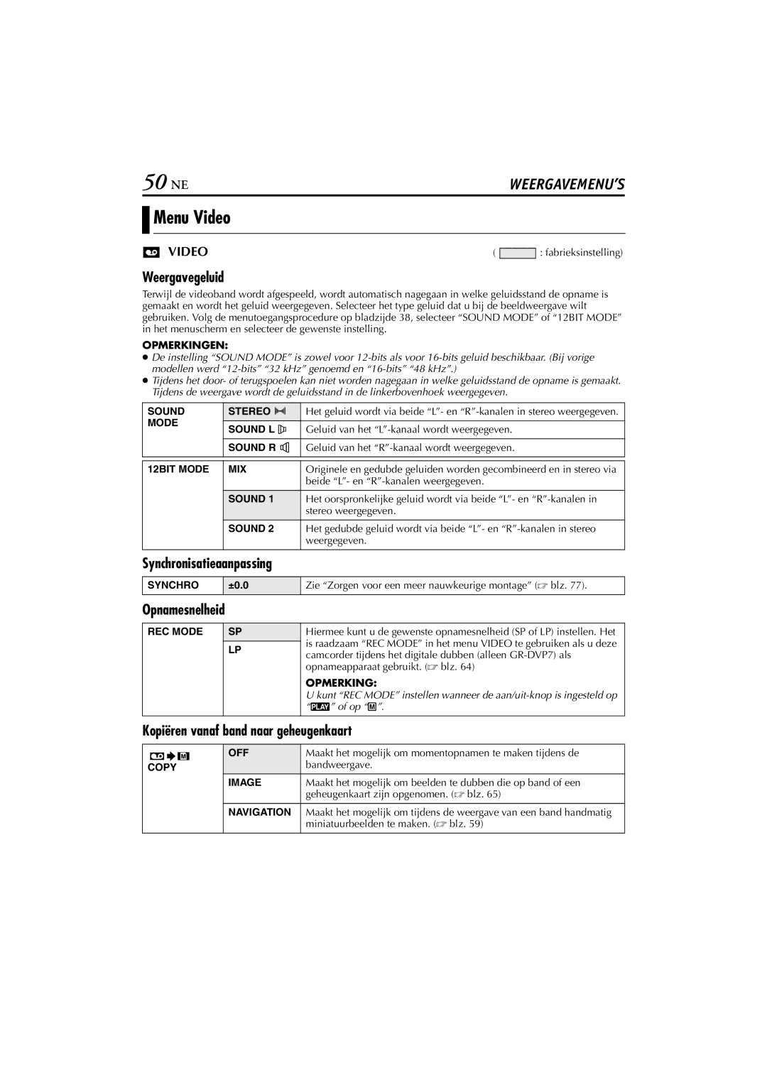 JVC GR-DVP5, GR-DVP7 50 NE, Menu Video, Weergavegeluid, Synchronisatieaanpassing, Kopiëren vanaf band naar geheugenkaart 