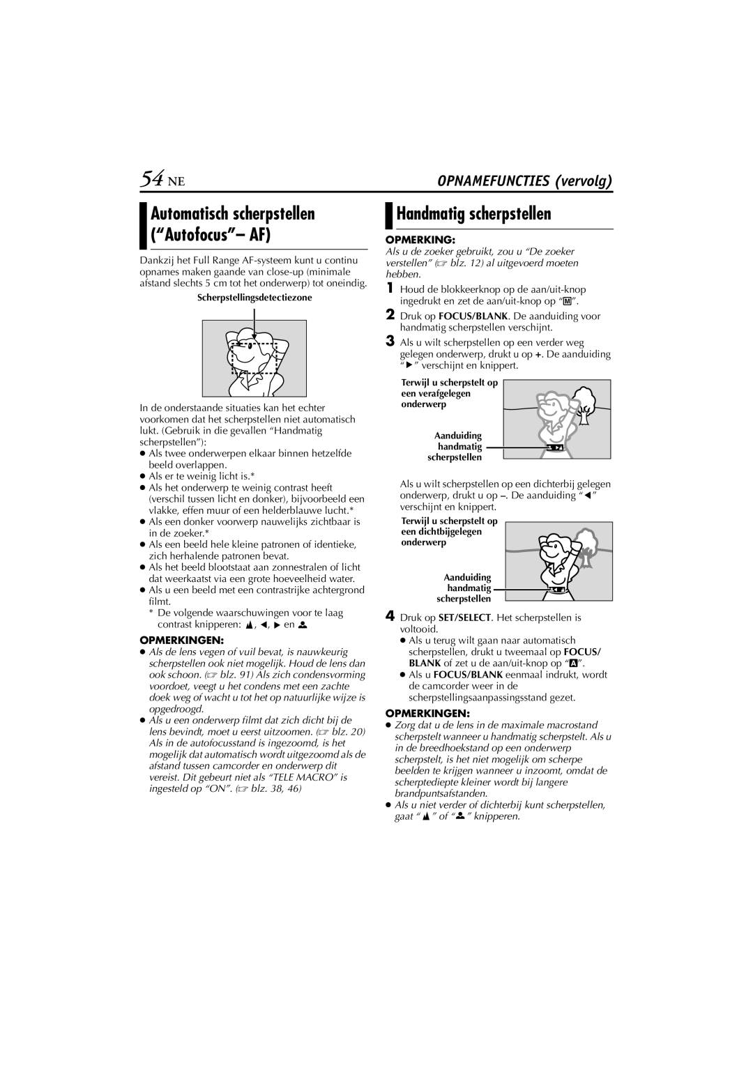 JVC GR-DVP5, GR-DVP7 manual 54 NE, Handmatig scherpstellen, Automatisch scherpstellen Autofocus- AF 