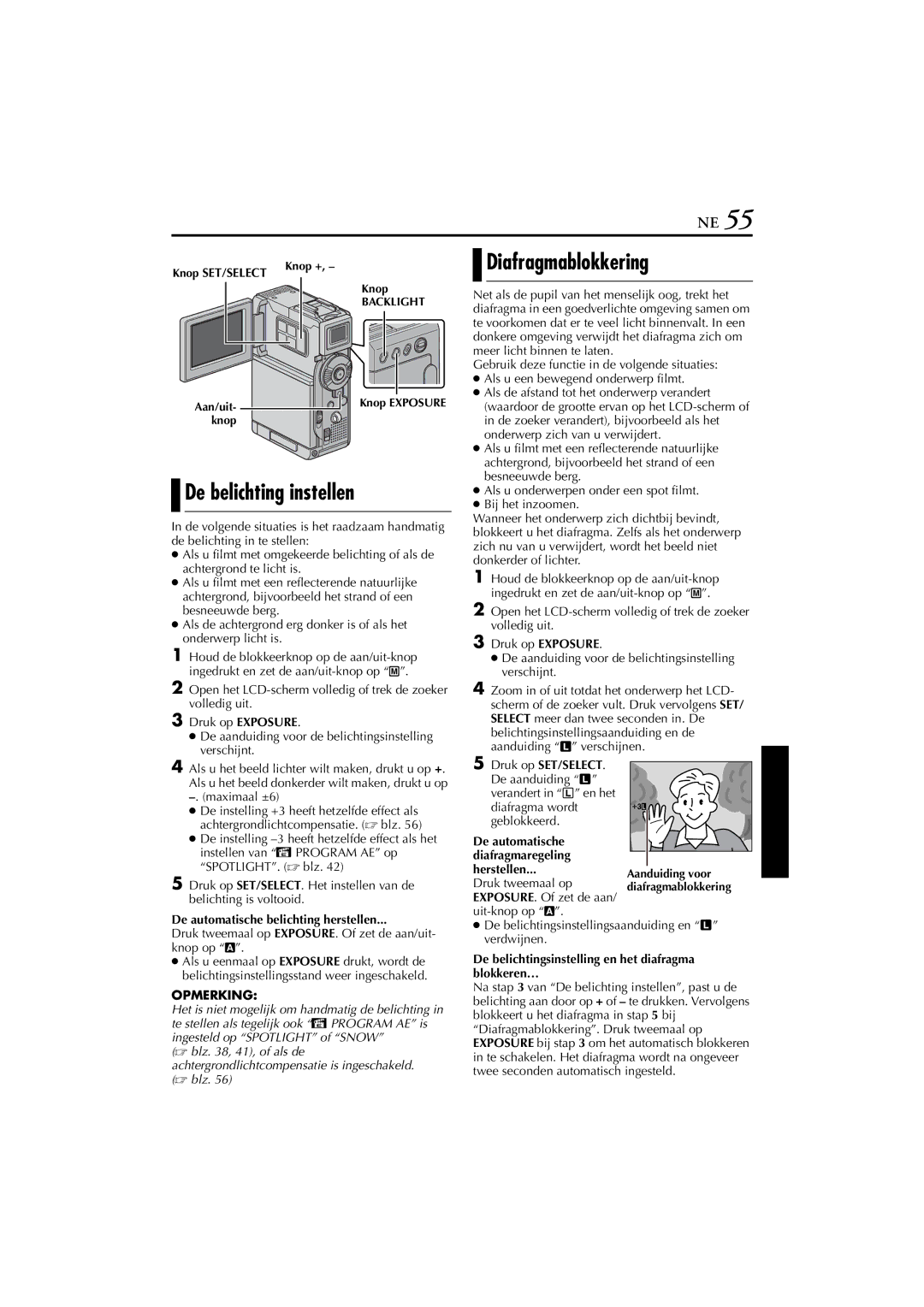 JVC GR-DVP7, GR-DVP5 De belichting instellen, Diafragmablokkering, Knop SET/SELECT, De automatische belichting herstellen 