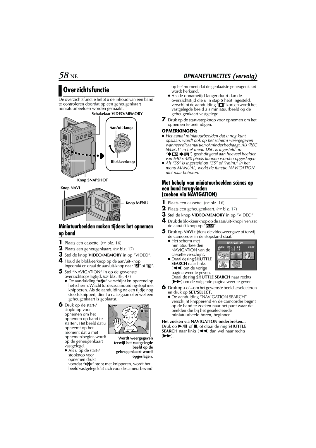 JVC GR-DVP5, GR-DVP7 58 NE, Overzichtsfunctie, Miniatuurbeelden maken tijdens het opnemen op band, Zoeken via Navigation 