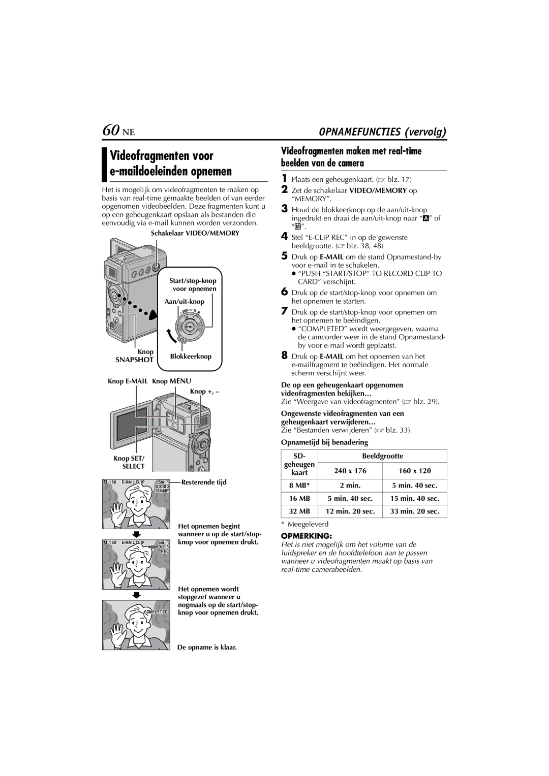 JVC GR-DVP5, GR-DVP7 manual 60 NE, Videofragmenten voor e-maildoeleinden opnemen, Opnametijd bij benadering Beeldgrootte 