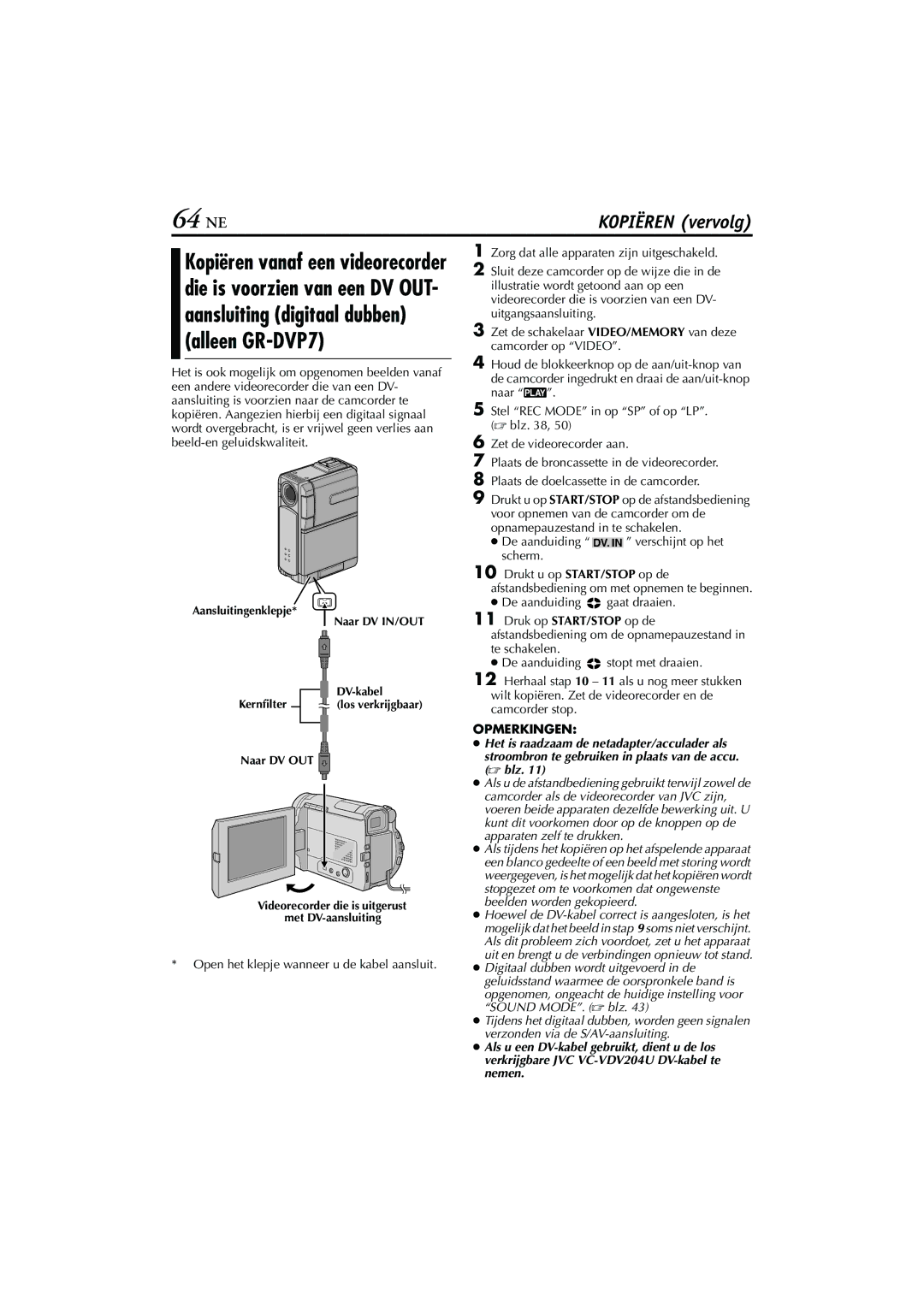 JVC GR-DVP5 manual 64 NE, Alleen GR-DVP7 