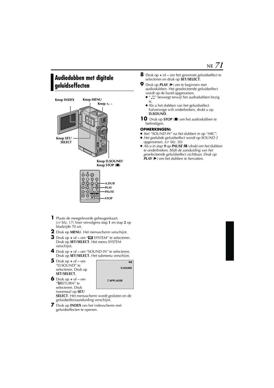 JVC GR-DVP7, GR-DVP5 manual Audiodubben met digitale geluidseffecten, Druk op + of om Sound te 