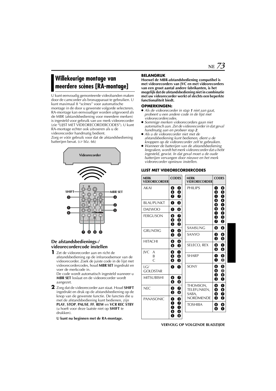 JVC GR-DVP7, GR-DVP5 manual Willekeurige montage van meerdere scènes RA-montage, Lijst MET Videorecordercodes 