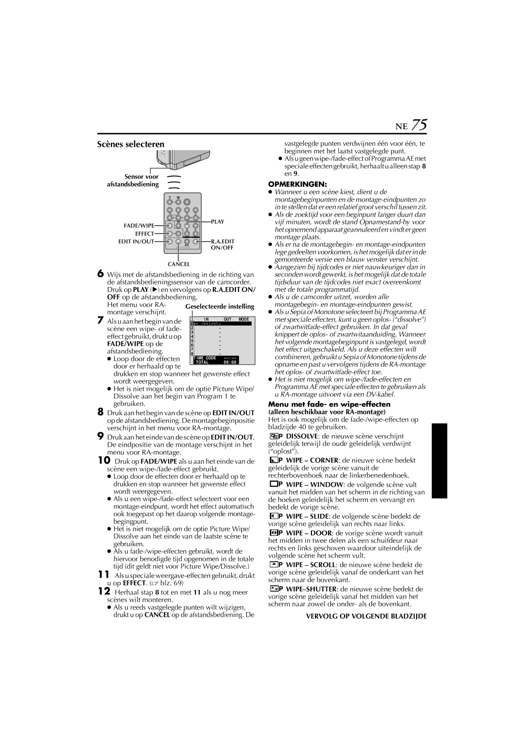 JVC GR-DVP7, GR-DVP5 manual Scènes selecteren, Het menu voor RA, Montage verschijnt, FADE/WIPE op de Afstandsbediening 
