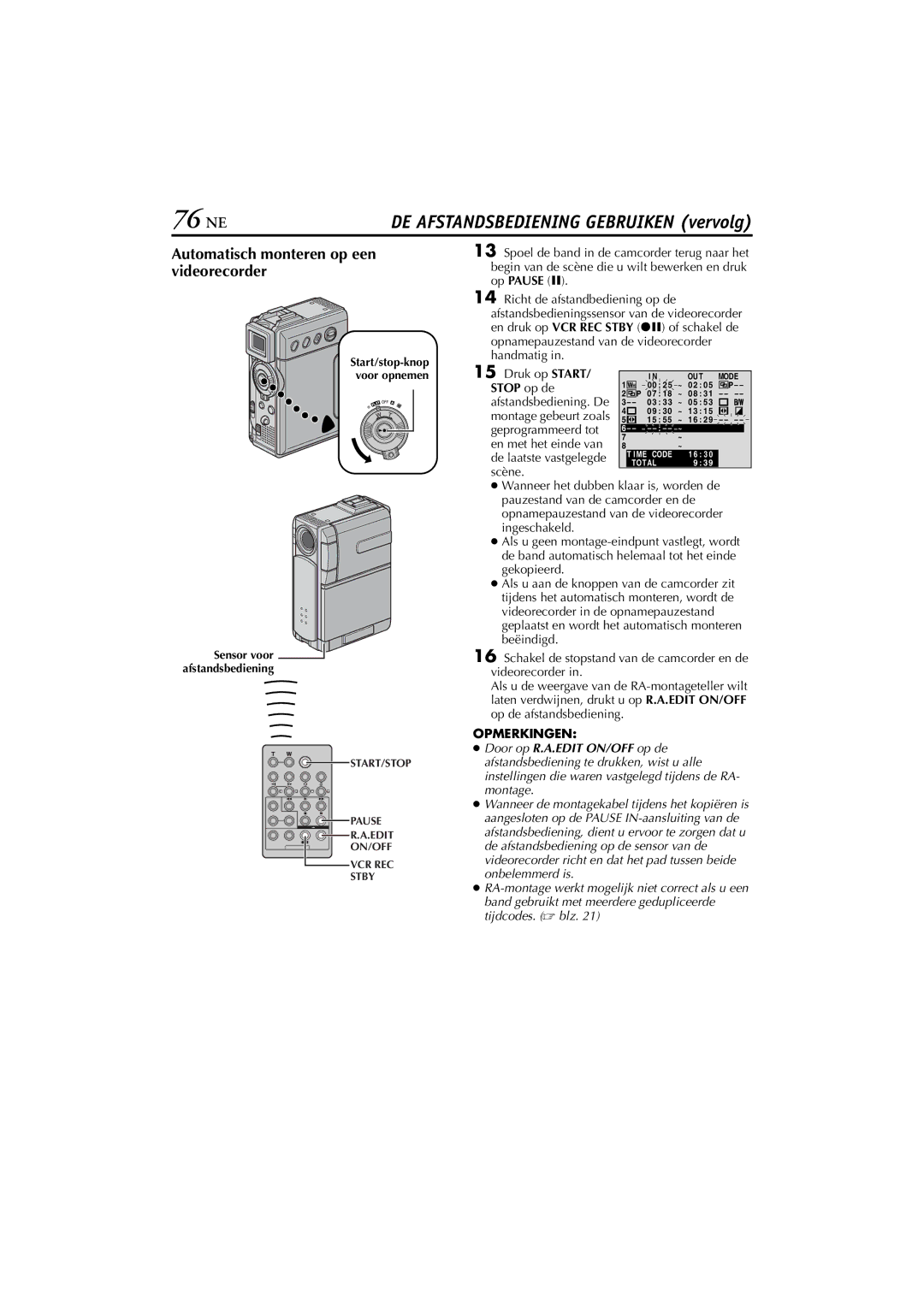 JVC GR-DVP5, GR-DVP7 manual 76 NE, Automatisch monteren op een videorecorder, Druk op Start, Stop op de 