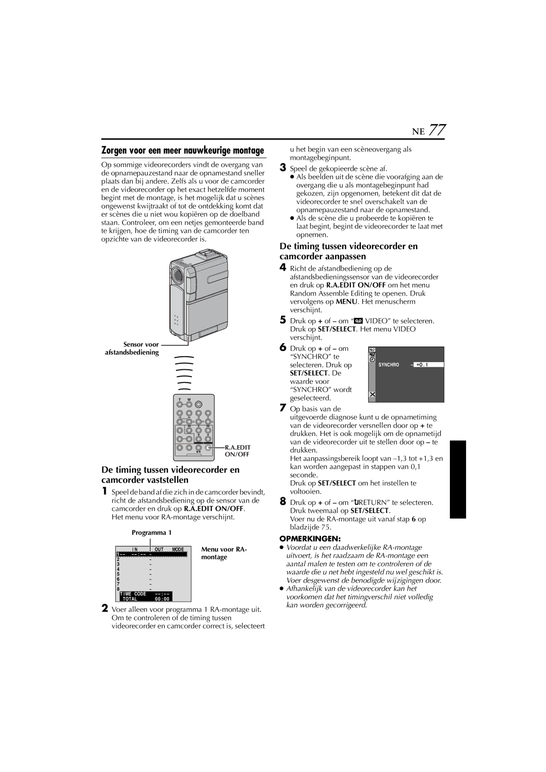 JVC GR-DVP7 De timing tussen videorecorder en camcorder vaststellen, De timing tussen videorecorder en camcorder aanpassen 