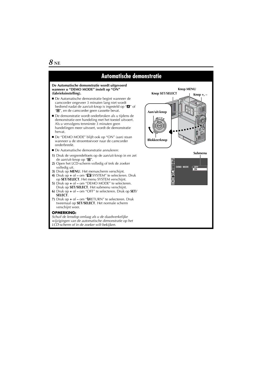 JVC GR-DVP5, GR-DVP7 manual Automatische demonstratie, Select 