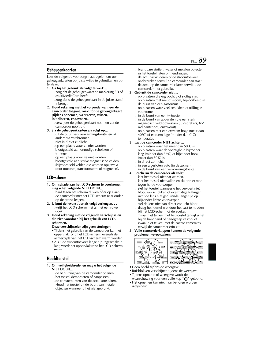 JVC GR-DVP7, GR-DVP5 manual Geheugenkaarten, LCD-scherm, Hoofdtoestel, Niet DOEN… 