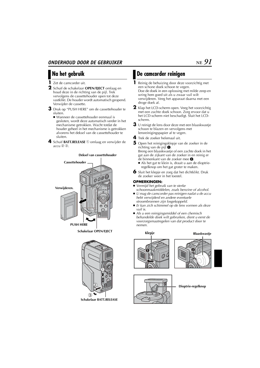 JVC GR-DVP7, GR-DVP5 manual Na het gebruik, De camcorder reinigen 