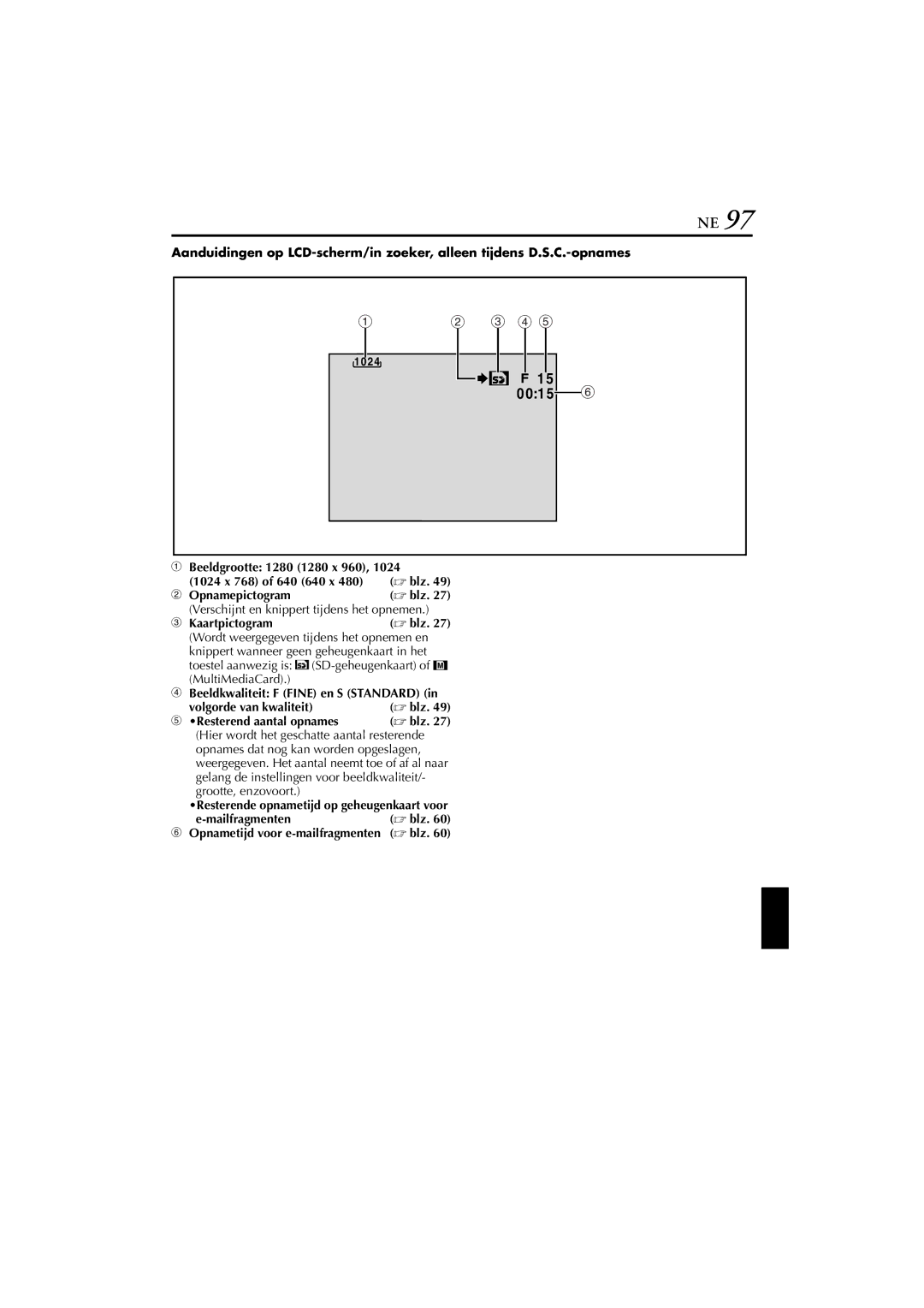 JVC GR-DVP7, GR-DVP5 manual Beeldgrootte 1280 1280 x 960 1024 x 768 of 640 640 x, Opnamepictogram, Kaartpictogram 