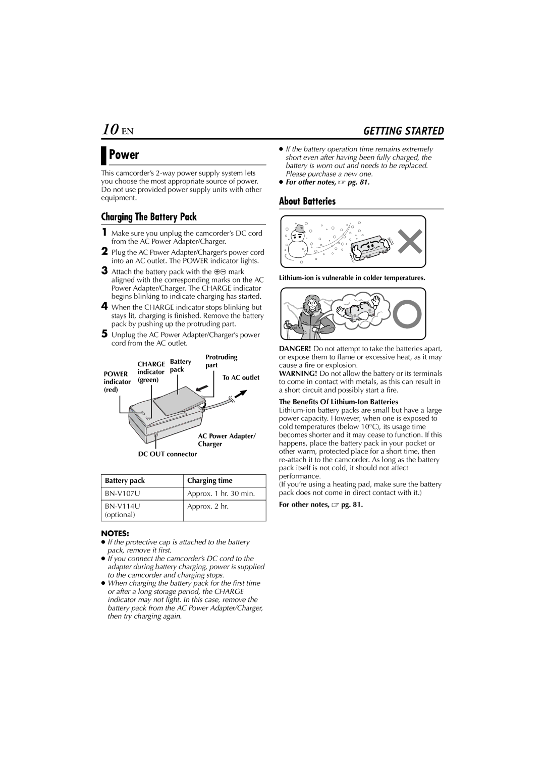 JVC GR-DVP7 instruction manual 10 EN, Power, Charging The Battery Pack, About Batteries 