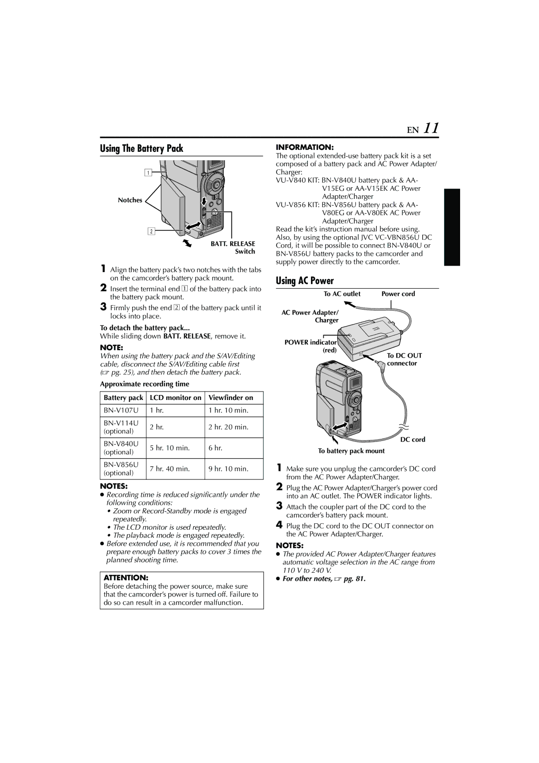 JVC GR-DVP7 instruction manual Using The Battery Pack, Using AC Power, Information 