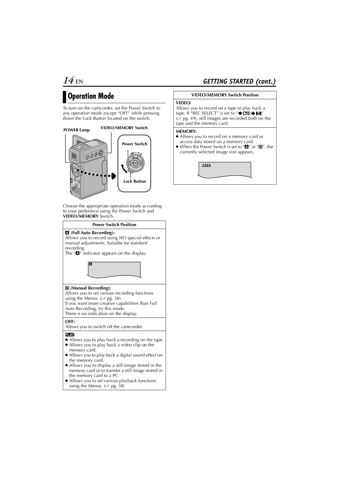 JVC GR-DVP7 instruction manual 14 EN, Operation Mode, Off, Video, Memory 