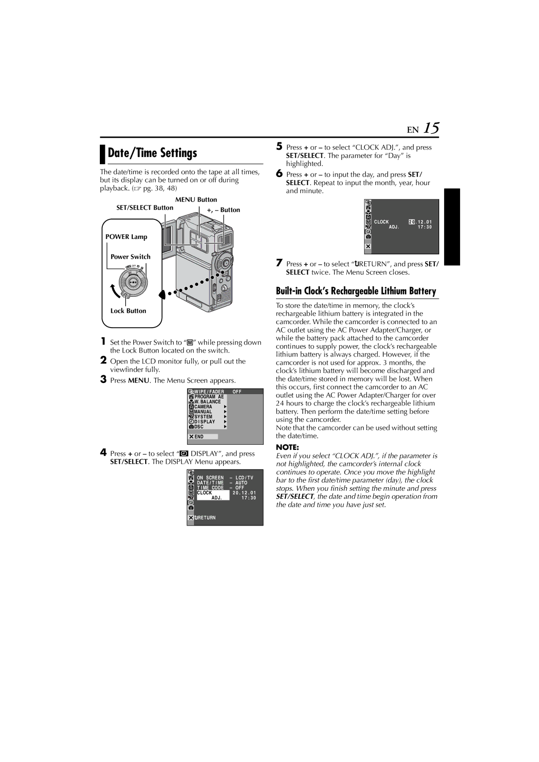 JVC GR-DVP7 instruction manual Date/Time Settings, Built-in Clock’s Rechargeable Lithium Battery 