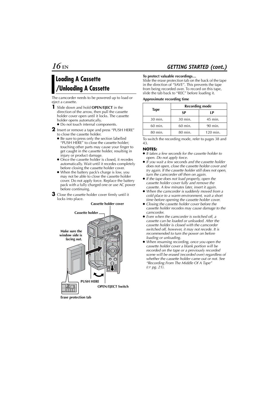 JVC GR-DVP7 instruction manual 16 EN, Loading a Cassette Unloading a Cassette, To protect valuable recordings… 