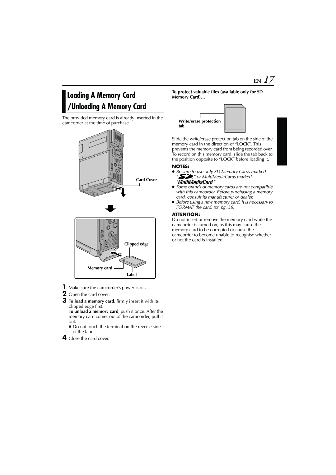 JVC GR-DVP7 instruction manual Make sure the camcorder’s power is off Open the card cover 