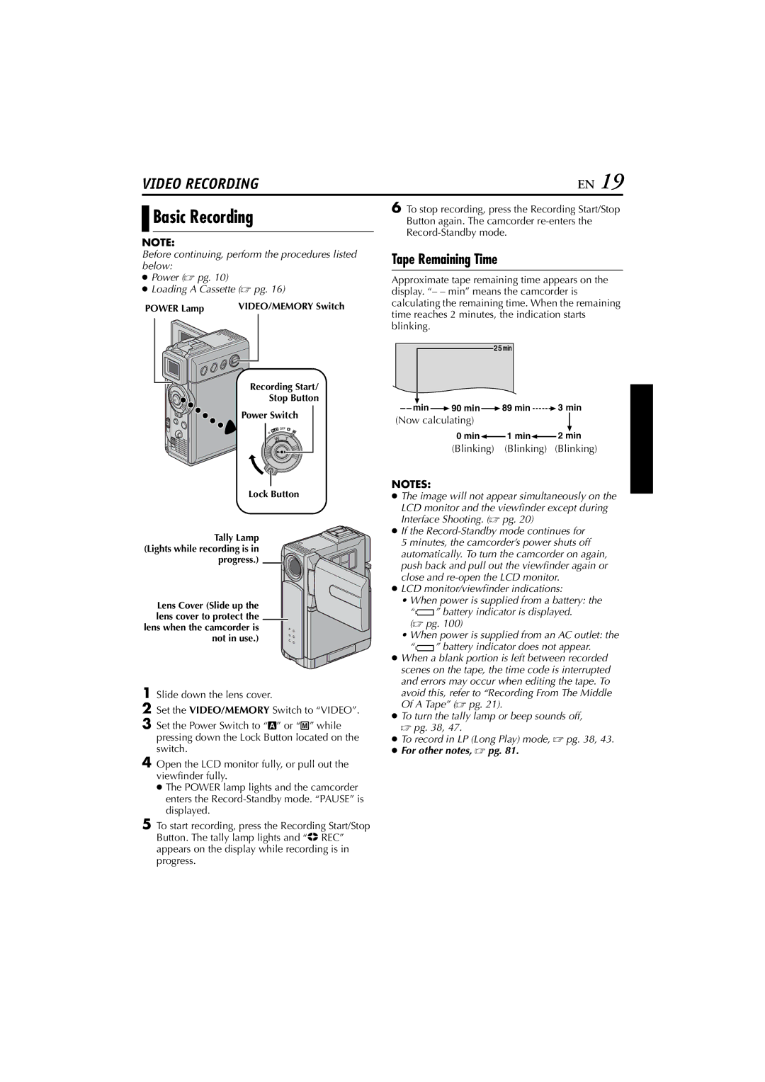 JVC GR-DVP7 instruction manual Basic Recording, Tape Remaining Time, Now calculating, Blinking Blinking Blinking 