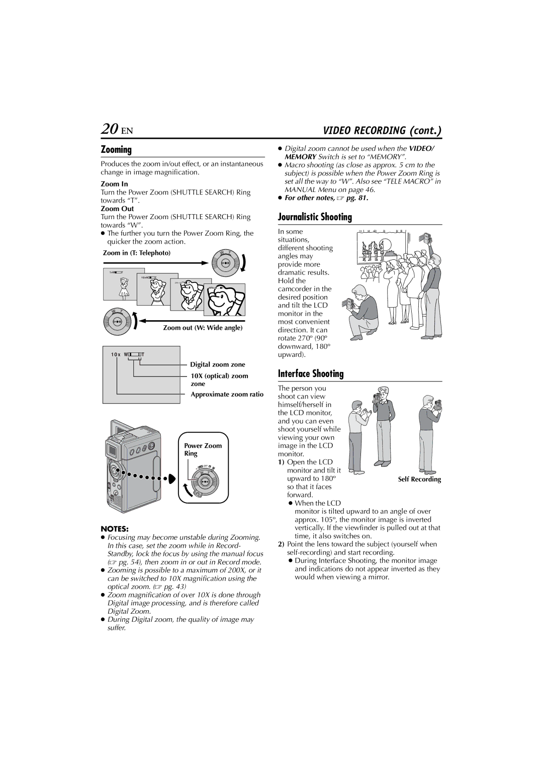 JVC GR-DVP7 instruction manual 20 EN, Zooming, Journalistic Shooting, Interface Shooting 