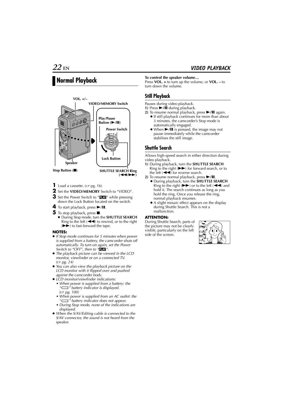 JVC GR-DVP7 instruction manual 22 EN, Normal Playback, Still Playback, Shuttle Search, To control the speaker volume… 